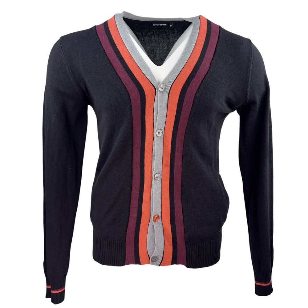 Charcoal Gray Striped Cardigan Sweater with V-neck